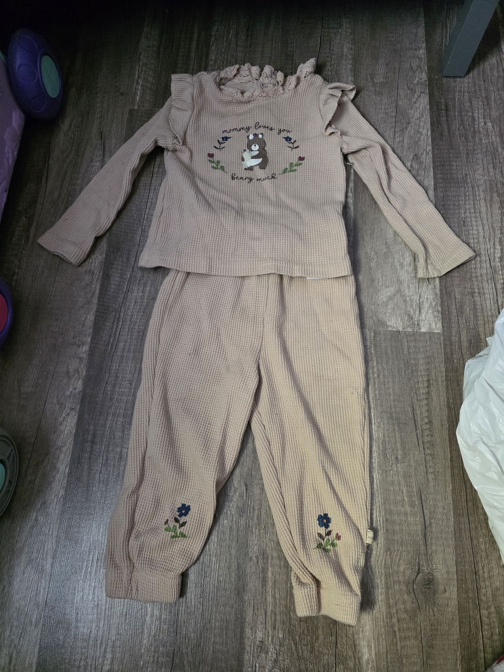 BearPaw Beige Waffle Knit Kids Matching Set with Blue Floral Embroidery